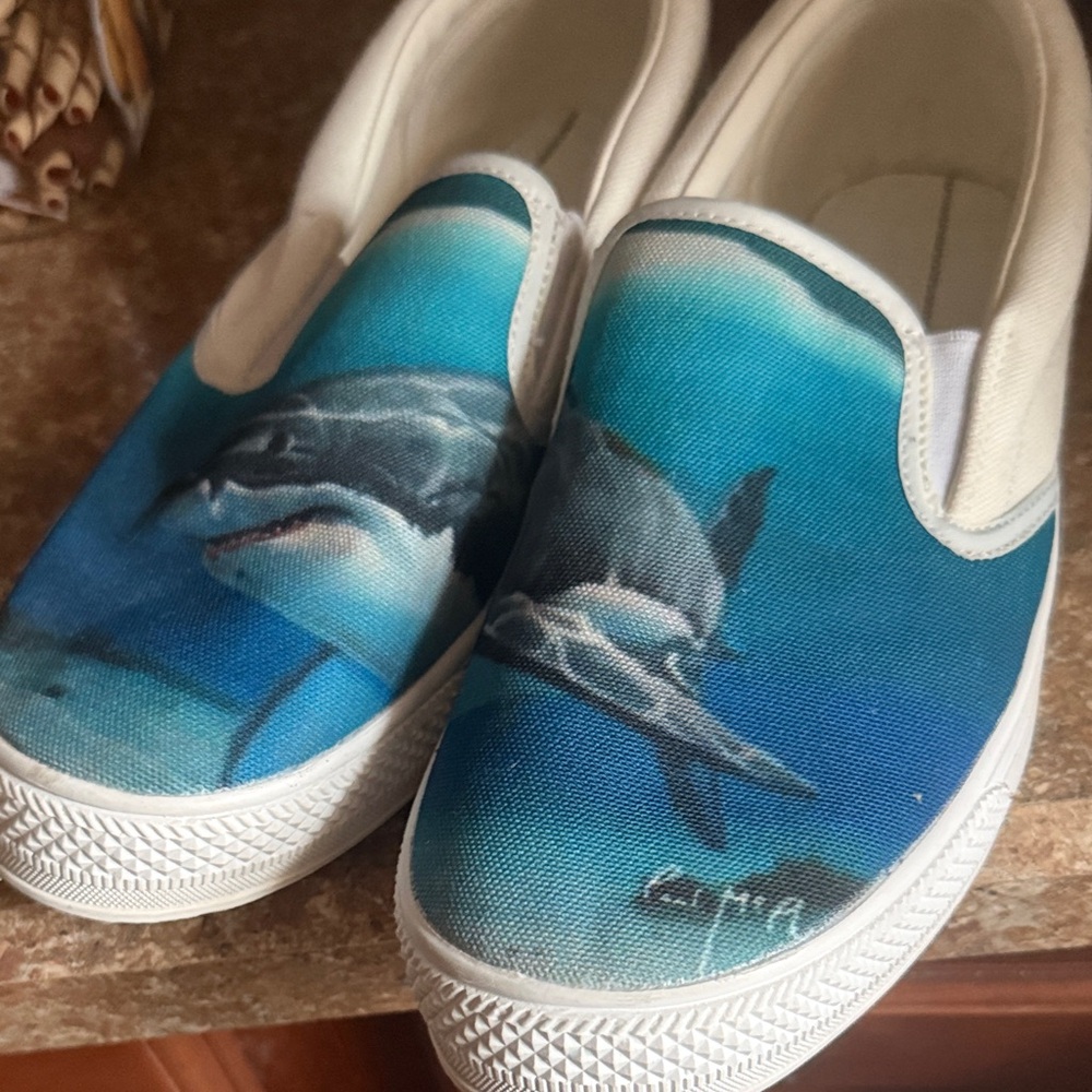 Aqua Shark Print Slip-On Sneakers-worn once